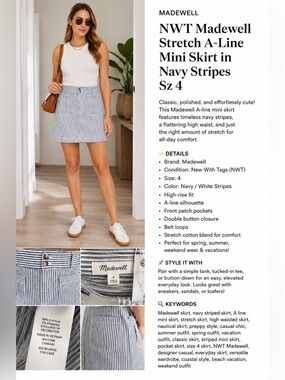 Madewell Stretch A-Line Mini Skirt in Navy Stripes Sz 4 RTL 88 NWT